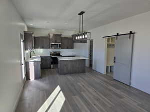 Kitchen featuring a center island, sink, a barn door, appliances with stainless steel finishes, and decorative light fixtures