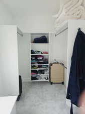 Walk in closet featuring light colored carpet