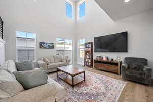 Living room featuring a towering ceiling and light hardwood / wood-style floors