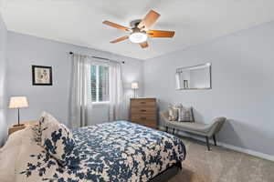 Carpeted bedroom featuring ceiling fan