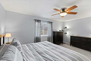 Bedroom with light carpet, ceiling fan, and mountain views