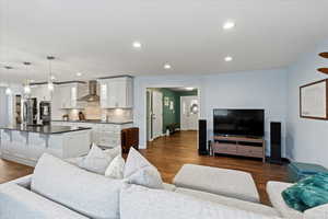 Living room featuring dark hardwood / wood-style flooring and sink