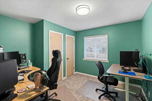 Carpeted home office with a textured ceiling