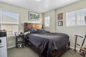 Carpeted bedroom with multiple windows