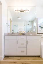 Bathroom with hardwood / wood-style floors, vanity, and walk in shower