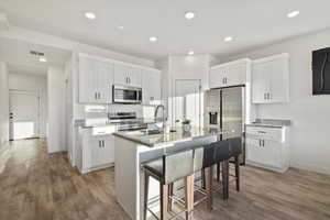 Kitchen featuring white cabinets, stainless steel appliances, a center island with sink, and sink