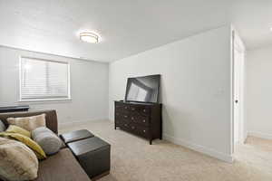 Carpeted living room with a textured ceiling