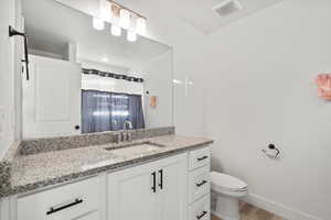 Bathroom featuring vanity, wood-type flooring, and toilet