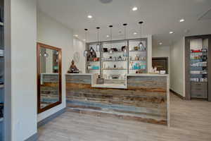 Bar featuring pendant lighting and light hardwood / wood-style flooring