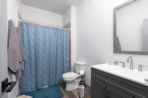 Bathroom featuring vanity, hardwood / wood-style flooring, toilet, and curtained shower