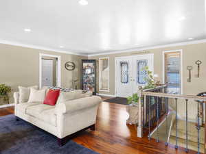 Living room with crown molding and dark wood-type flooring