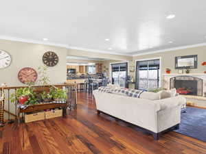 Living room featuring crown molding and dark hardwood / wood-style flooring