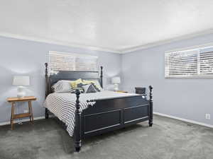 Bedroom featuring multiple windows, crown molding, and carpet