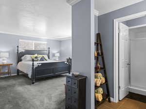 Carpeted bedroom with crown molding