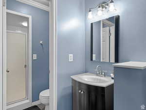 Bathroom featuring crown molding, toilet, vanity, and walk in shower