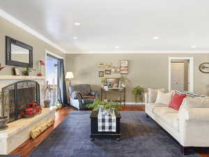 Living room with ornamental molding and dark wood-type flooring