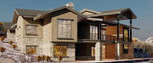 Exterior space with a balcony and a fireplace