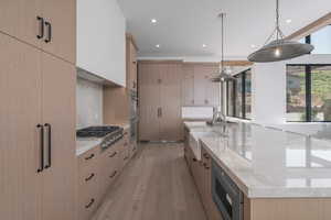 Kitchen featuring stainless steel appliances, light brown cabinetry, a large island, light stone countertops, and light wood finished floors