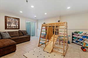 Tiled family room with wood burning fireplace