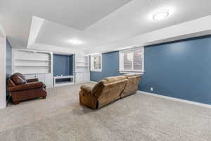 Carpeted living room with built in features and a textured ceiling