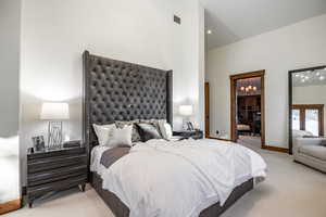 Carpeted bedroom with a walk in closet, high vaulted ceiling, and a closet