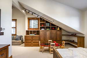 Interior space featuring rail lighting, light colored carpet, and lofted ceiling