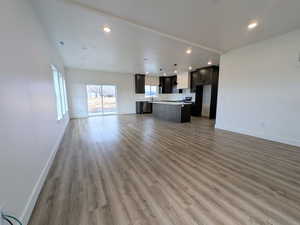 Unfurnished living room featuring hardwood / wood-style flooring and sink