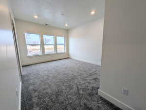 Carpeted spare room with a textured ceiling