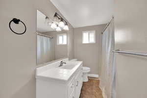 Bathroom featuring vanity, toilet, and curtained shower