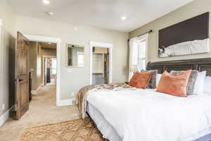 Bedroom with a walk in closet, a closet, and light colored carpet