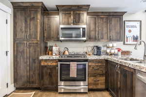 Kitchen featuring dark brown cabinetry, stainless steel appliances, light stone counters, and sink