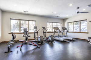 Gym featuring a wealth of natural light, ceiling fan, and a textured ceiling