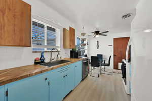 Kitchen featuring sink, decorative backsplash, a wealth of natural light, butcher block countertops, and stainless steel appliances