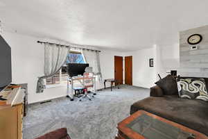 Carpeted living room featuring a textured ceiling