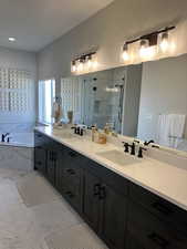 Bathroom featuring vanity and shower with separate bathtub