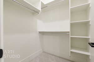 Spacious closet featuring light carpet