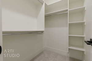 Spacious closet featuring light colored carpet