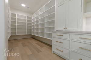 Spacious closet featuring light hardwood / wood-style flooring