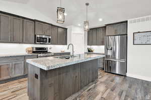 Kitchen featuring sink, stainless steel appliances, vaulted ceiling, a center island with sink, and hardwood / wood-style flooring