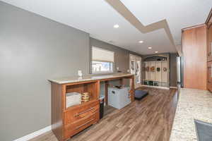 Kitchen with hardwood / wood-style floors and light stone countertops