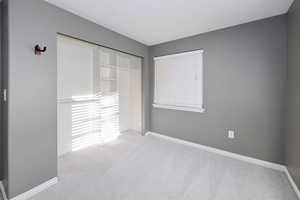 Unfurnished bedroom with carpet flooring, baseboards, and a closet
