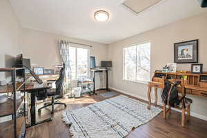 Office area featuring hardwood / wood-style floors and a healthy amount of sunlight