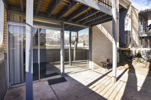 View of patio featuring a mountain view