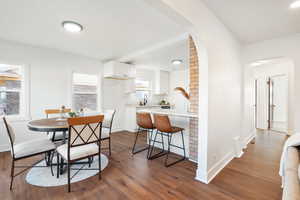 Dining area with sink and dark hardwood / wood-style floors