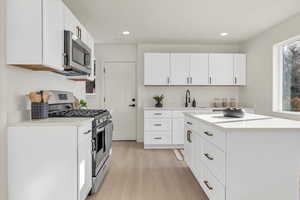 Kitchen featuring light hardwood / wood-style floors, white cabinetry, stainless steel appliances, and a wealth of natural light