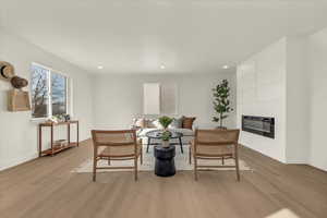 Living room with heating unit, a fireplace, and light hardwood / wood-style floors