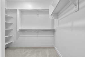 Spacious closet with light carpet