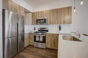 Kitchen featuring decorative backsplash, appliances with stainless steel finishes, dark hardwood / wood-style flooring, sink, and hanging light fixtures