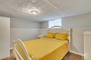 Bedroom featuring carpet flooring, lofted ceiling, and a textured ceiling