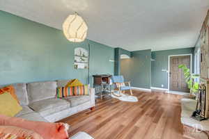 Living room featuring wood-type flooring and a textured ceiling